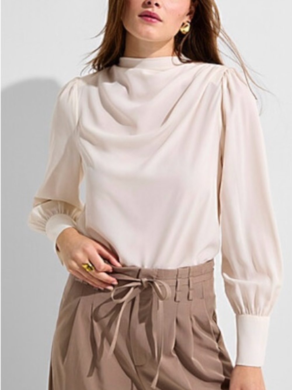 Draped High-Neck Ivory Blouse with Gathered Shoulders